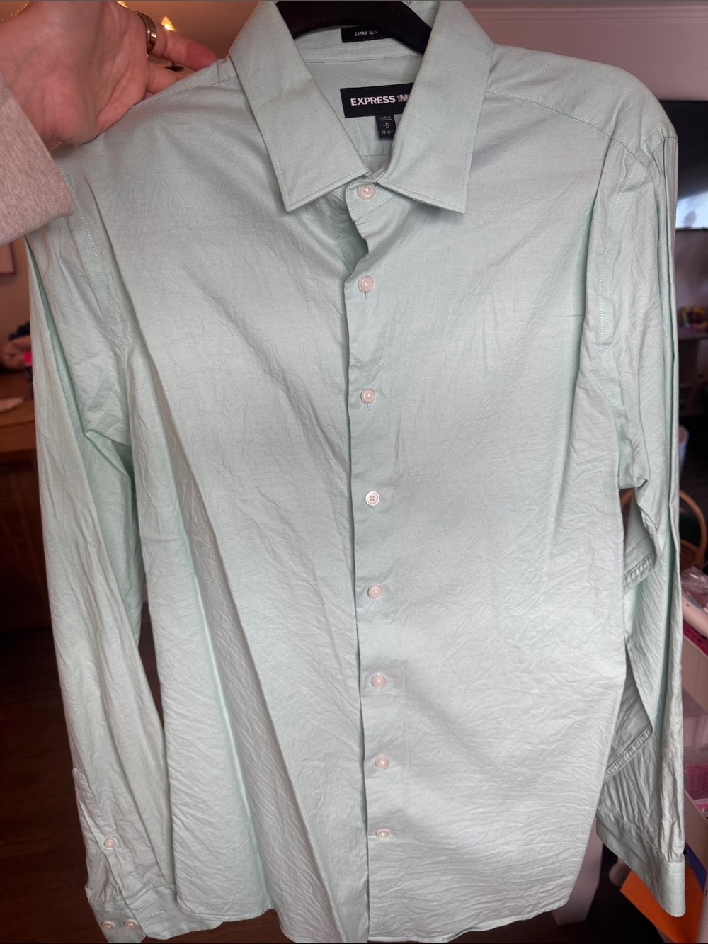 Express Men's Light Mint Green Long-Sleeve Dress Shirt